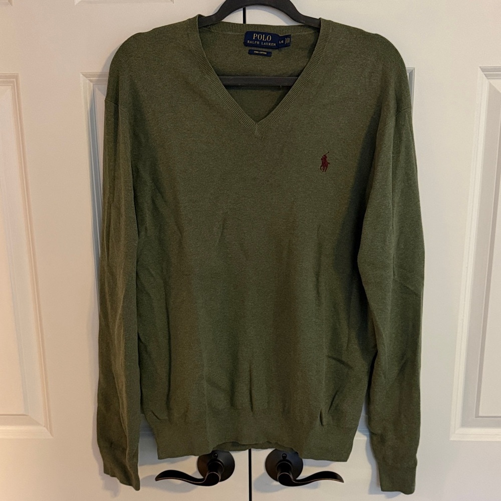 Polo by Ralph Lauren Cotton Olive V-Neck Sweater